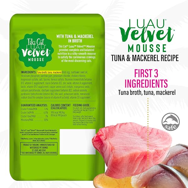 TIKI CAT LUAU VELVET MOUSSE, TUNA & MACKEREL IN BROTH, COMPLETE NUTRITION FOR BALANCED DIET, WET CAT FOOD FOR ALL LIFE STAGES, 2.8 OZ. POUCH (12 COUNT)