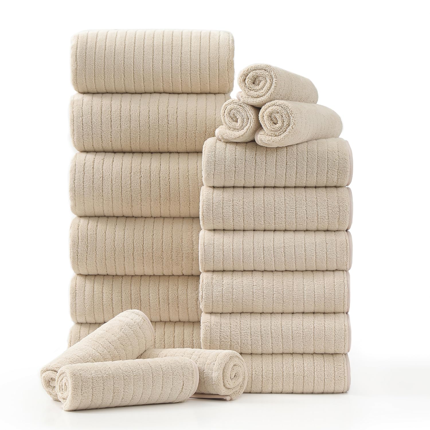 Photo 1 of 18 Piece Family Bath Towel Set Include 6 Bath Towels,6 Hand Towels and 6 Washcloths Soft Bathroom Towel with Hanging Loops,Highly Absorbent Quick Dry Towels Set for Bathroom,Hotel and Spa-Beige