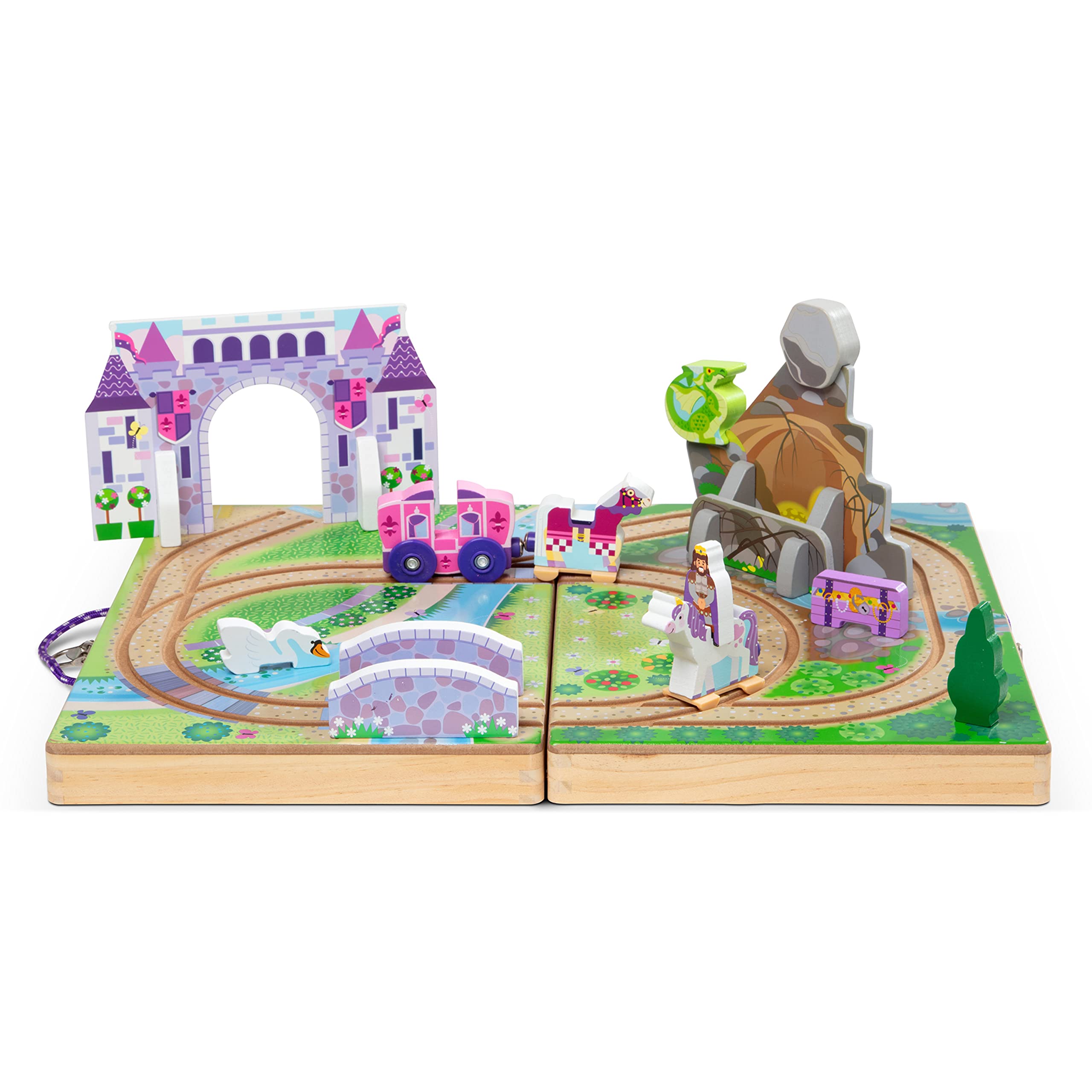 Melissa & Doug 19-Piece Wooden Take-Along Tabletop Kingdom – Carriage, Horse, Unicorn, Dragon, More