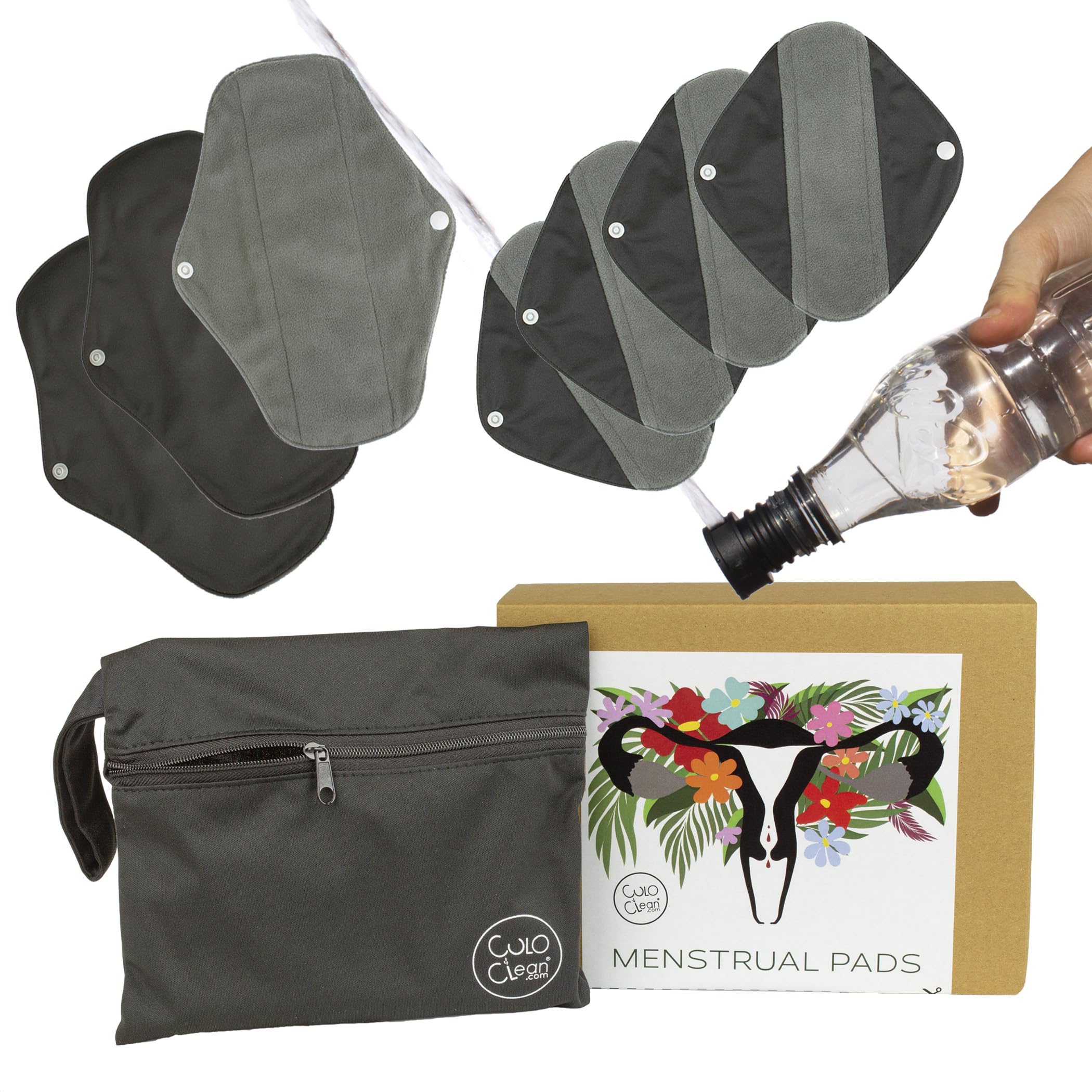 CuloClean Reusable Sanitary Pads. Bamboo Charcoal Menstrual Towels for Women. Includes Wet Bag and Portable Bidet. (4 Small + 3 Medium, 7, Count)