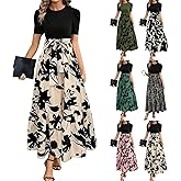 Church Dresses for Women Vintage Short Sleeve Floral Maxi Dress with Bow Belt Casual Summer Elegant Teacher Dresses
