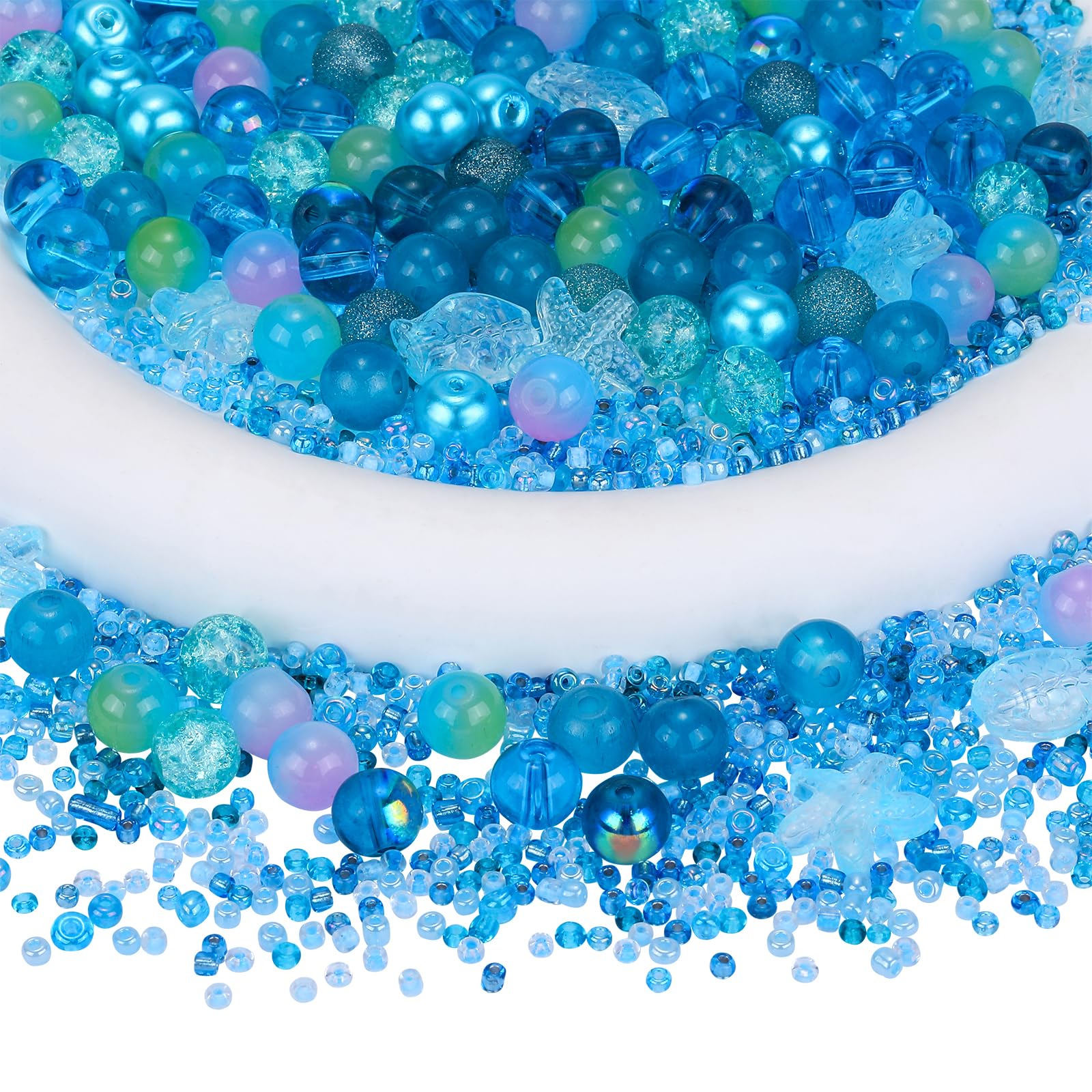 BEEFLYING 700pcs Glass Beads Jewelry Making Kit Assorted Crystal Round DIY Beads with Ocean Beads and Seed Beads for Bracelets Necklaces Earrings Making (Light Sky Blue)