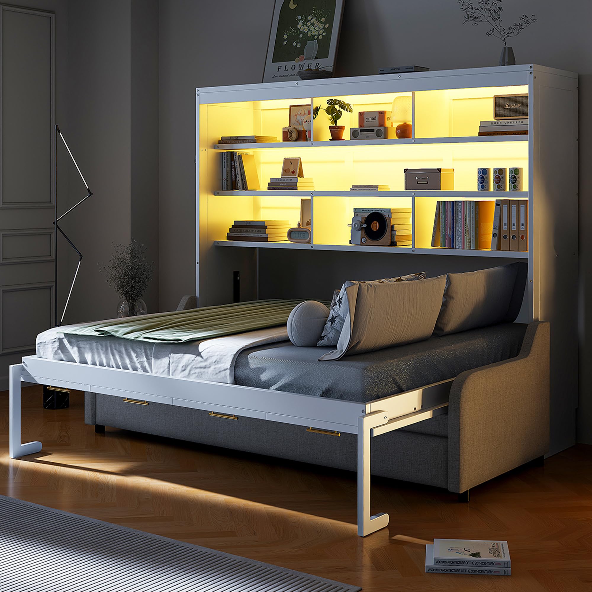 Photo 1 of ***BOX 2/4***Bellemave Full Size Murphy Bed with Sofa, Cabinet Bed with Storage Shelves and LED Light, Farmhouse Murphy Cabinet with Folding Sofa, Noisy Free, for Guest Bedroom, Living Room, Office, Beige
