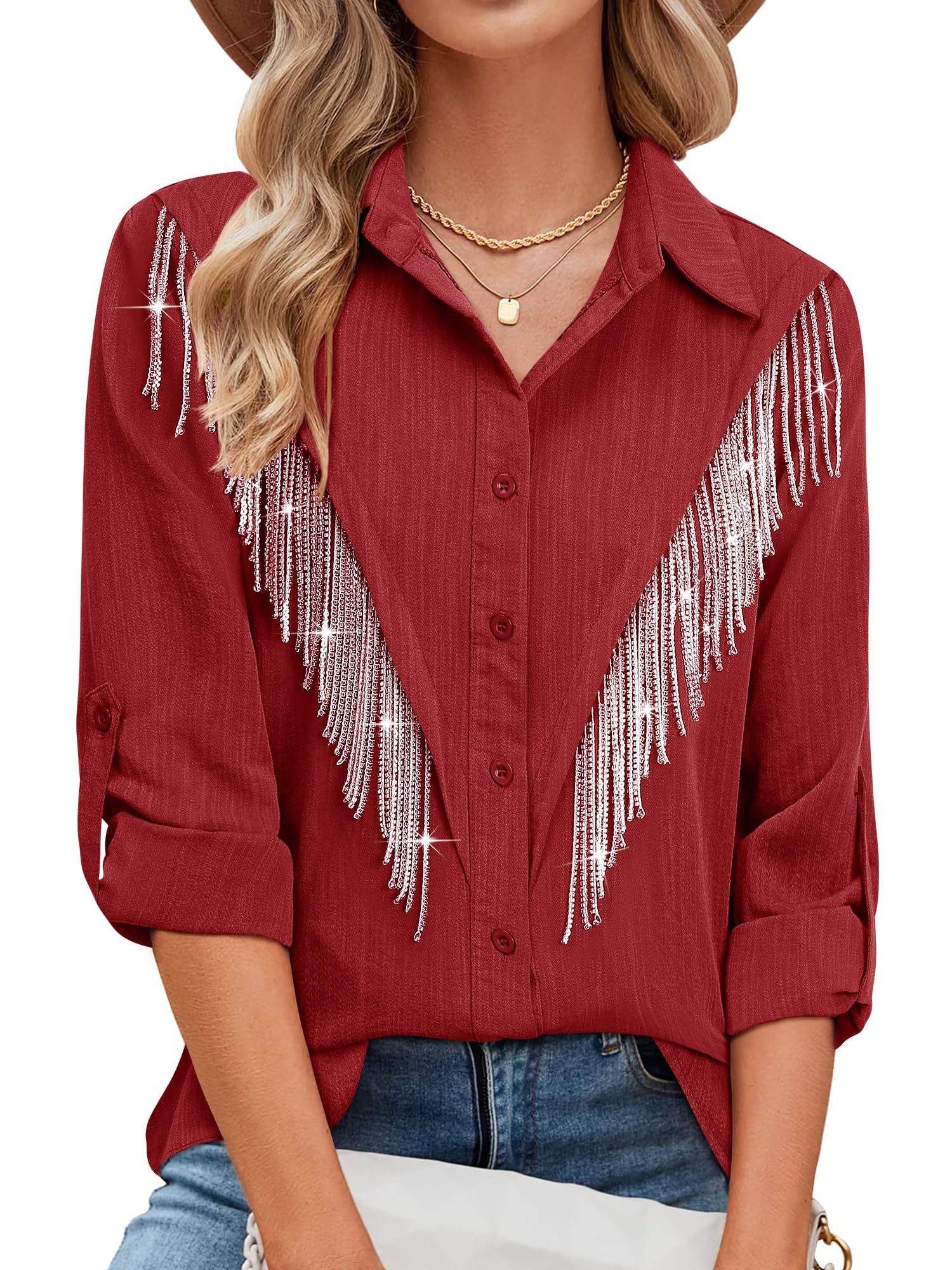 Photo 1 of *Minor Damaged*
MYMORE Womens 2024 Rhinestone Fringe Shirt Top Nashville Rolled 3/4 Sleeve Sparkle Tassel Button Down Shirts Country Concert Western Cowgirl Outfit Clothing Brick Red Size Small