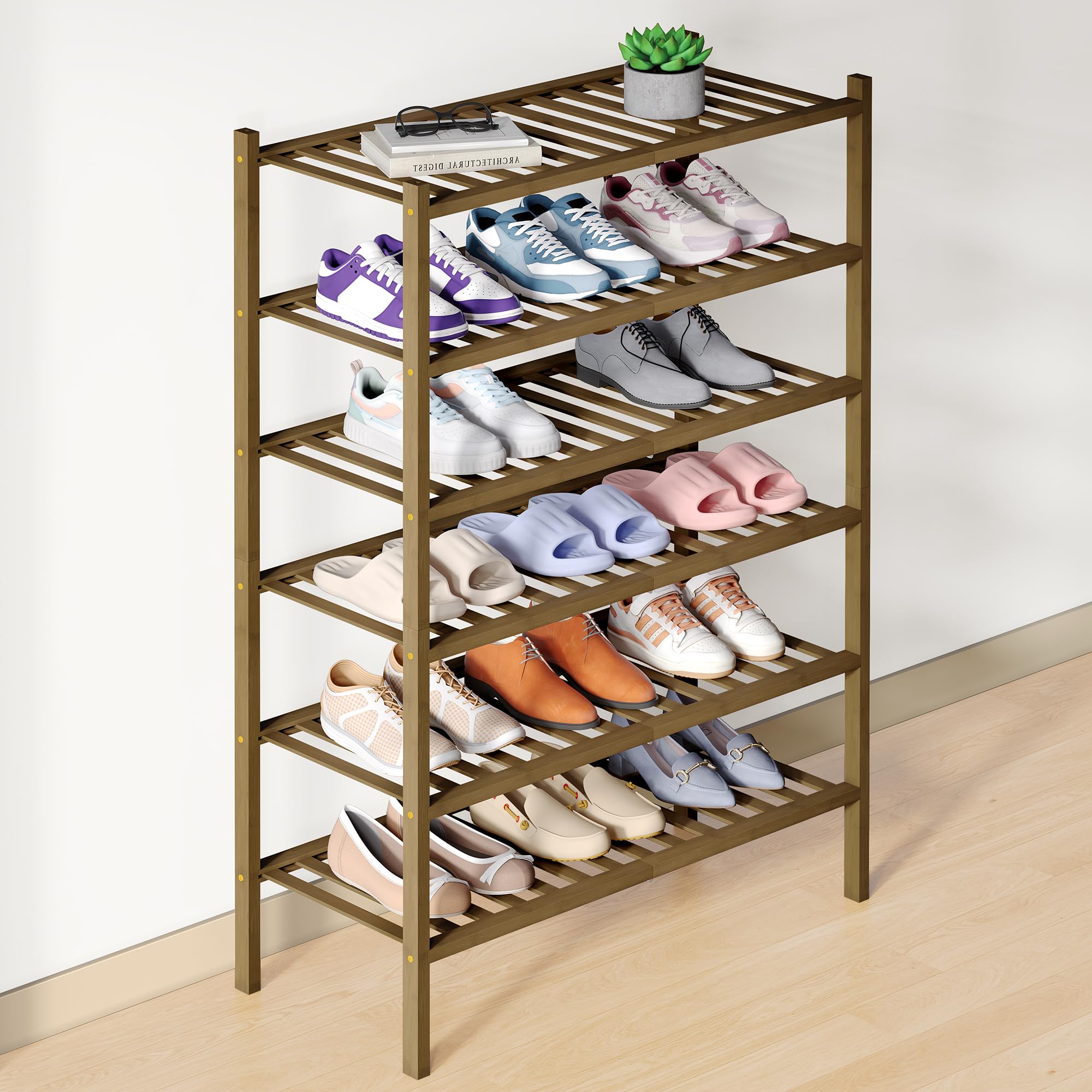 Smiry Bamboo Shoe Rack for Closet, 6 Tier Wooden Stackable Shoe Organizer, Free Standing Shoes Storage Shelf for Entryway, Front Door Entrance, Walnut Image