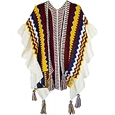 Urban CoCo Women's Knit Stripe Ethnic Flounced Bohemian Tasseled Poncho Shawl