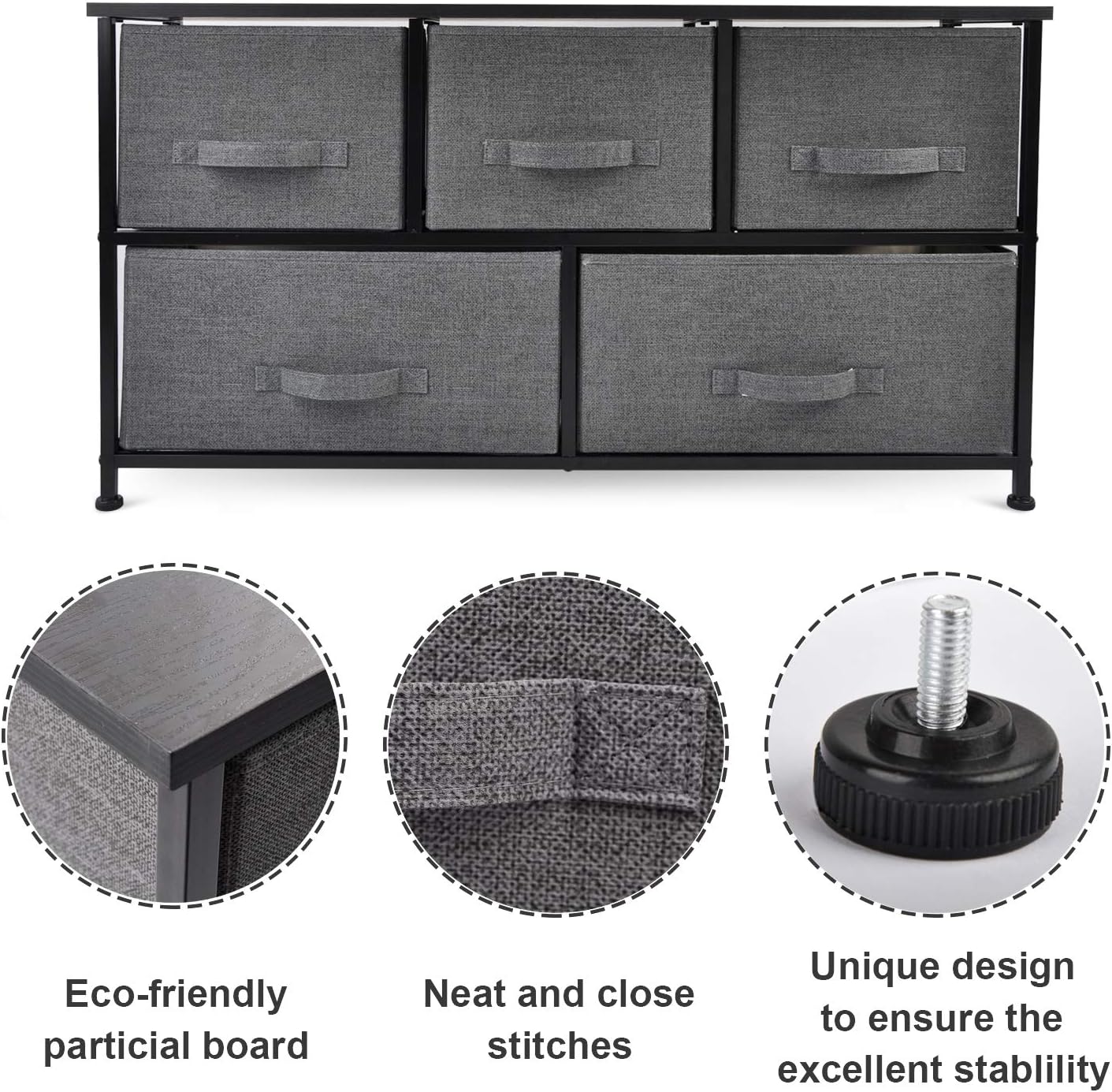 CERBIOR Wide Drawer Dresser Storage Organizer 5-Drawer Closet Shelves, Sturdy Steel Frame Wood Top with Easy Pull Fabric Bins for Clothing, Blankets - Charcoal: Home Improvement