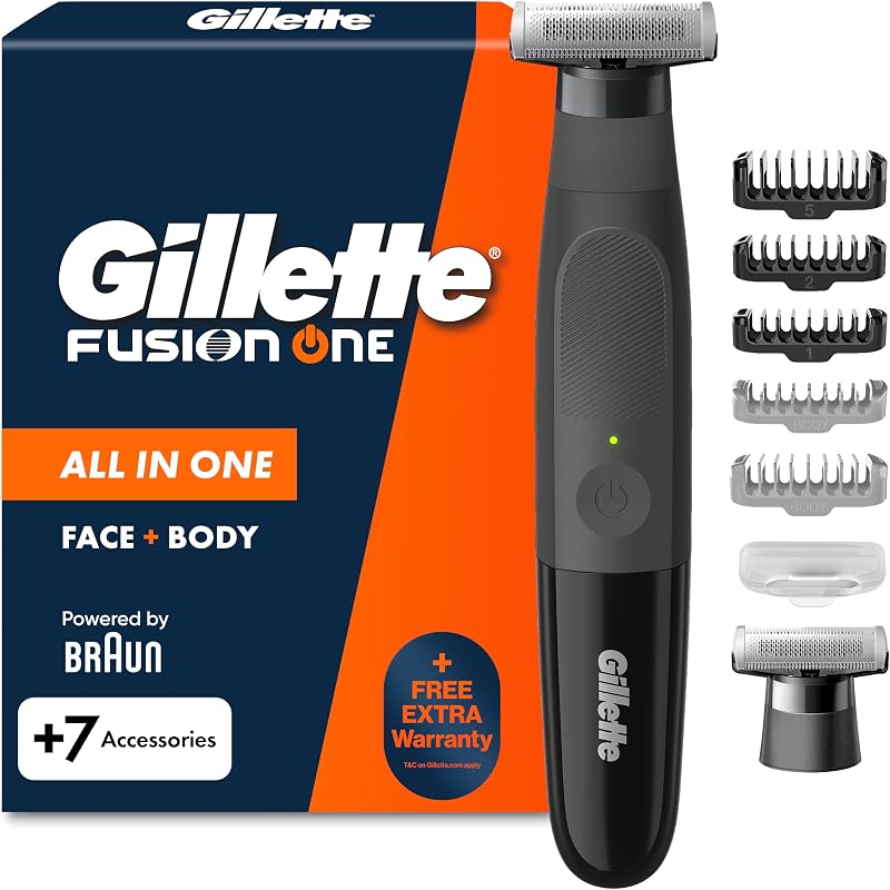 Fusion One Rasoio Elettrico Uomo Barba e Corpo, 3 Pettini Barba (1,2,5mm) e 1 Pettine Corpo, Testina Oscillante, Lama Ricambio, Impermeabile, Senza Fili, 45 Min Autonomia, Tecnologia Braun