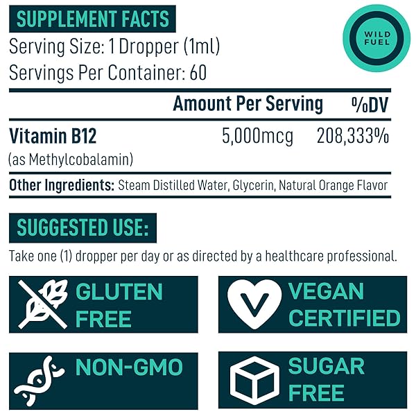 VEGAN VITAMIN B12 LIQUID DROPS – FAST-ACTING 60 X 5000MCG METHYLCOBALAMIN B12 SUPPLEMENT – ENERGY, MEMORY AND MOOD SUPPORT – HIGH-POTENCY ONE-DROPPER PER DAY – NON-GMO, NATURAL CITRUS FLAVOR – 2OZ