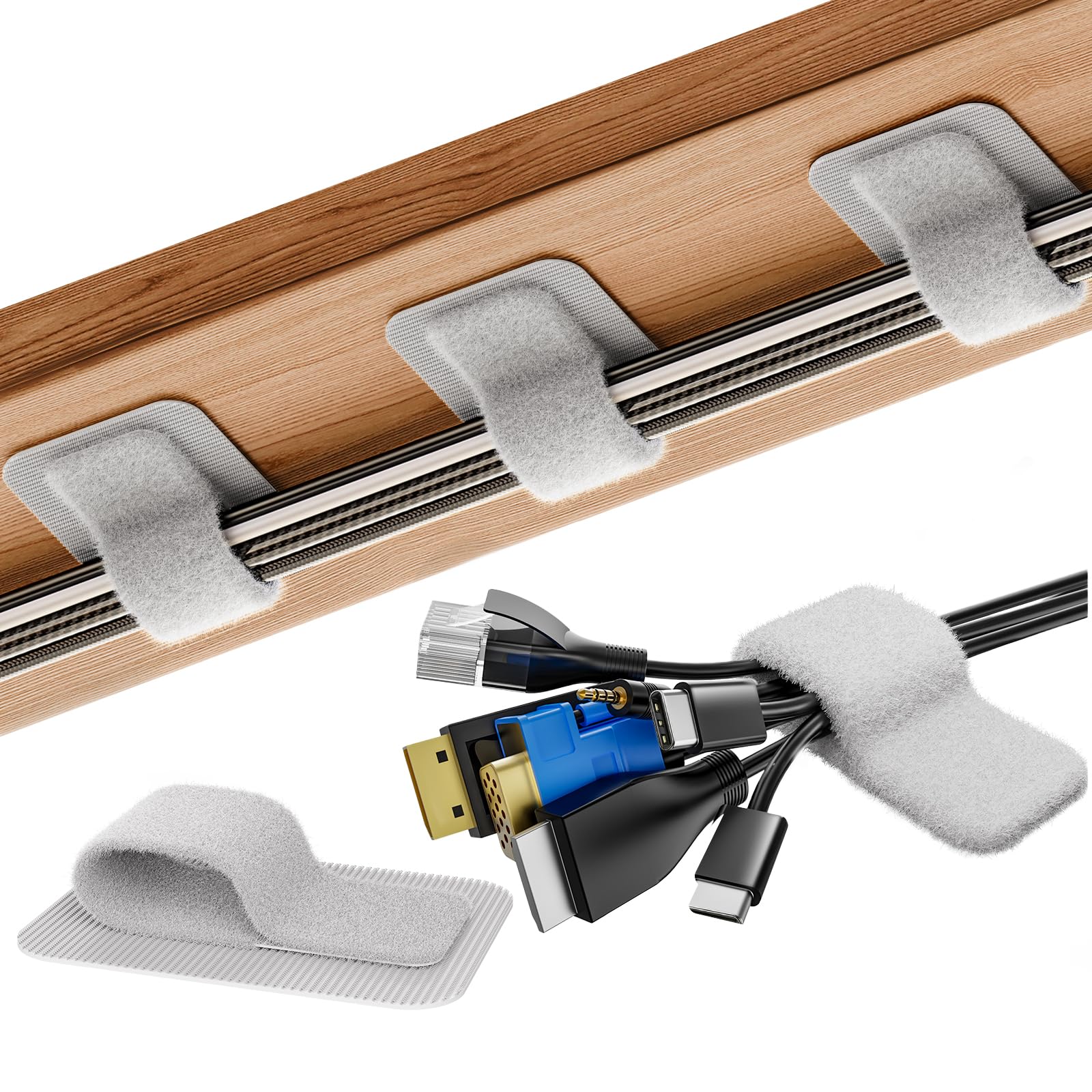 Photo 1 of Cable Management Under Desk, ?Up to 15 Cord??Enhanced Wire Holder? Reusable Cord Organizer Holder, Adjustable Hook and Loop Cable Ties, Wire Clips Under Table Hider, 20 Pair(Grey)