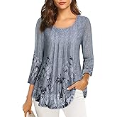 VALOLIA Women's 3/4 Sleeve Tunic Tops Casual Loose Fit Floral Blouses Mesh Pleated Layered Shirt