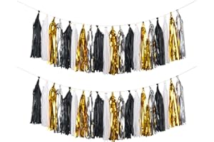MerryNine Tissue Tassels Garlands, 40PCS Tassels, 19.5 ft Long Tassels, for Halloween, Mother's Day,Wedding, Baby Shower, Event & Party Supplies Decoration (Gold/Silver/Black/White Set)