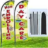 Buryeah 2 Sets 12ft Now Enrolling Daycare Flag Banner with Flagpole Ground Stake Portable Bag Now Enrolling Signs Banner for Business Advertising Feather Flag Sign Outside