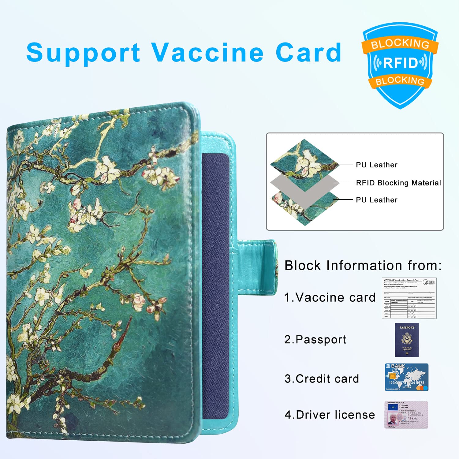 Passport and Vaccine Card Holder Combo, Cover Case with CDC Vaccination Card Slot, Leather Travel Documents Organizer Protector, with RFID Blocking, for Women and Men, Almond Blossom