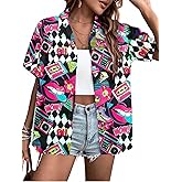 80s 90s Outfits for Women Retro 80's Disco Party Shirt Button Down Short Sleeve Tshirt 90's Blouse Hawaiian Tops