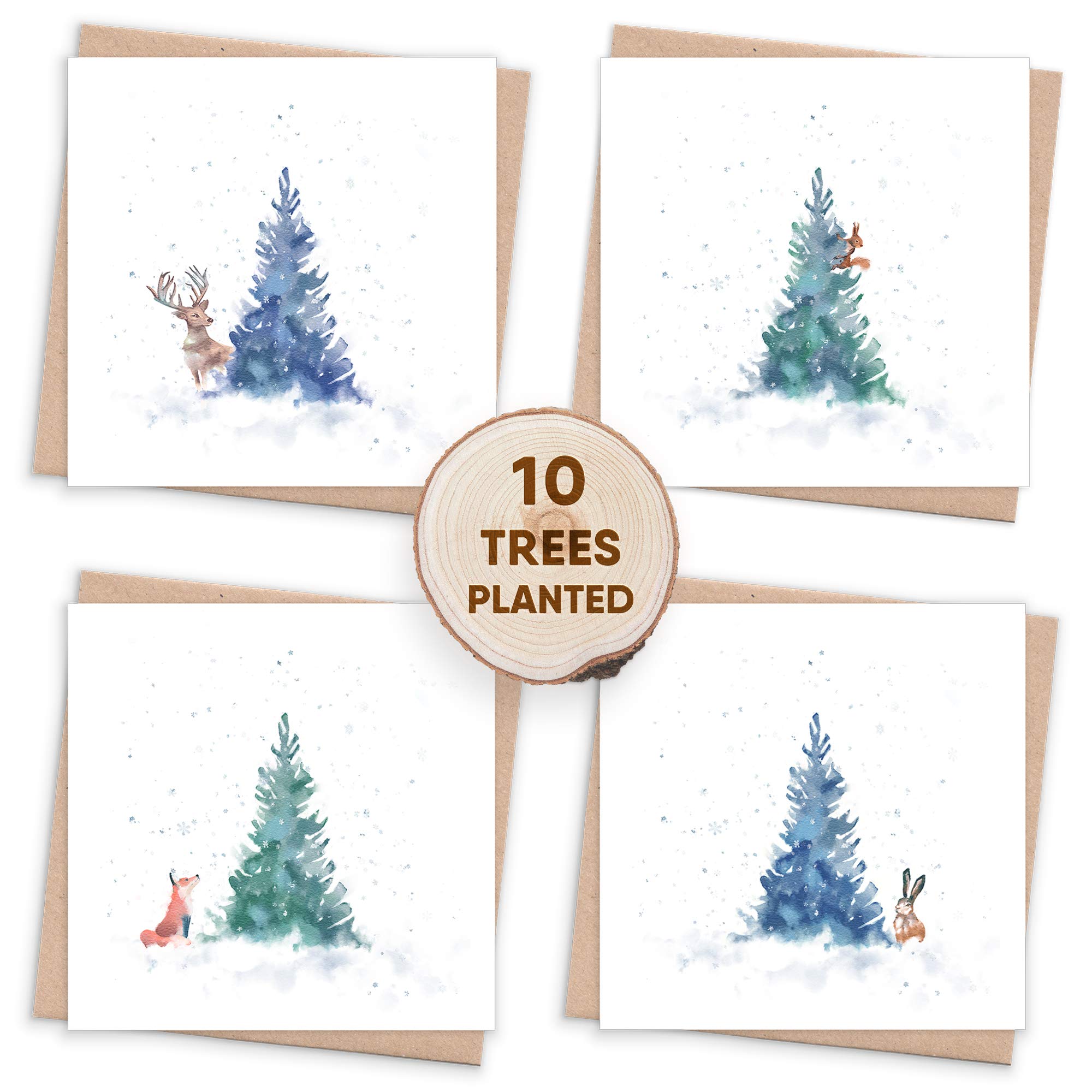 Eco Luxury Christmas Cards 2025 Pack - 10 Recycled Boxed Xmas Greetings with Tree Planting & Plantable Seed Card Gifts Inside - Highland Cow, Stag, Squirrel, Hare & Fox - Pagan Winter Solstice Cards