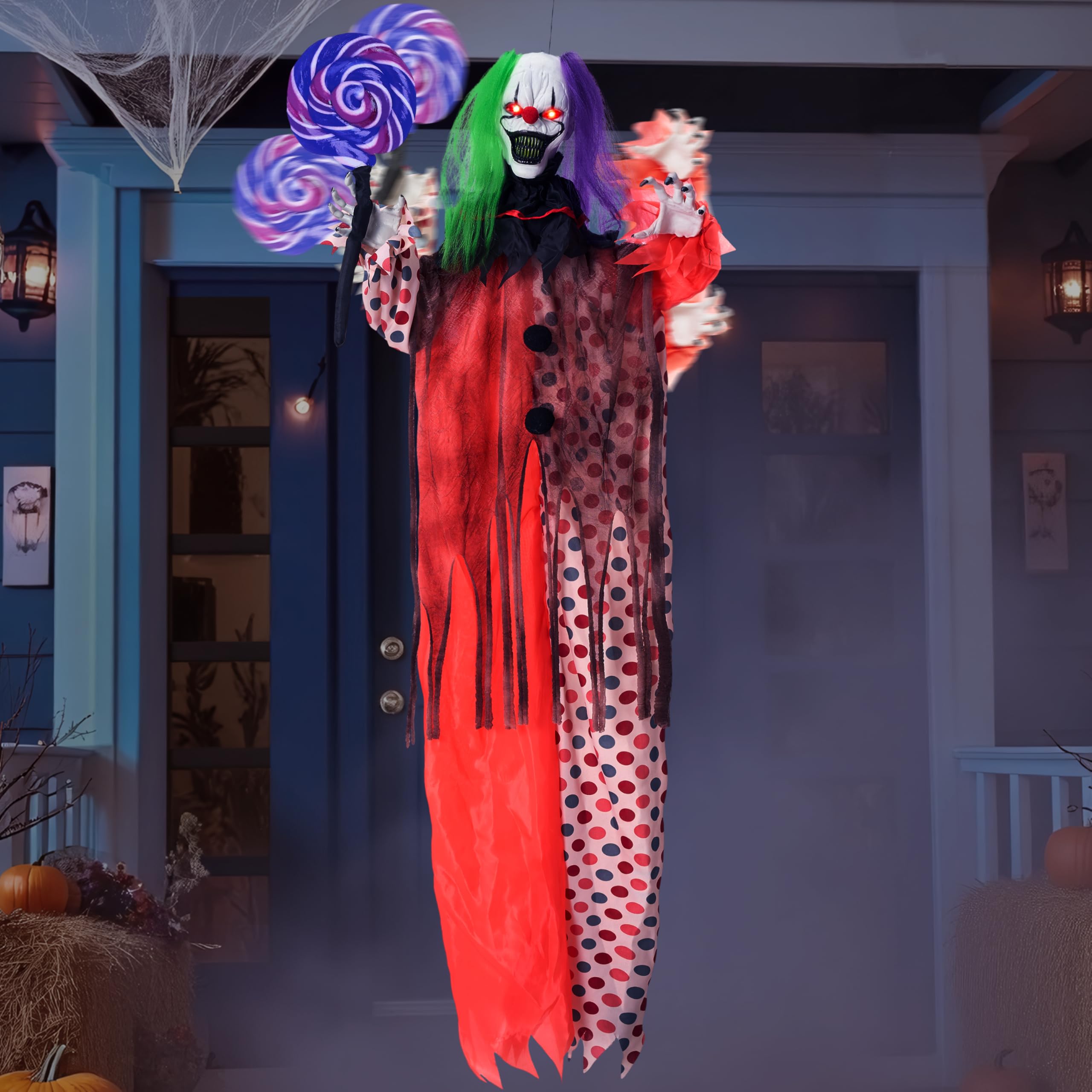 Photo 1 of JOYIN 53" Halloween Hanging Clown Decorations Outdoor, Scary Animated Decor Waving Arm with Sound and Red Light Up Eyes Sound Activated Screaming Yard Props for Indoor Haunted House Party Lawn