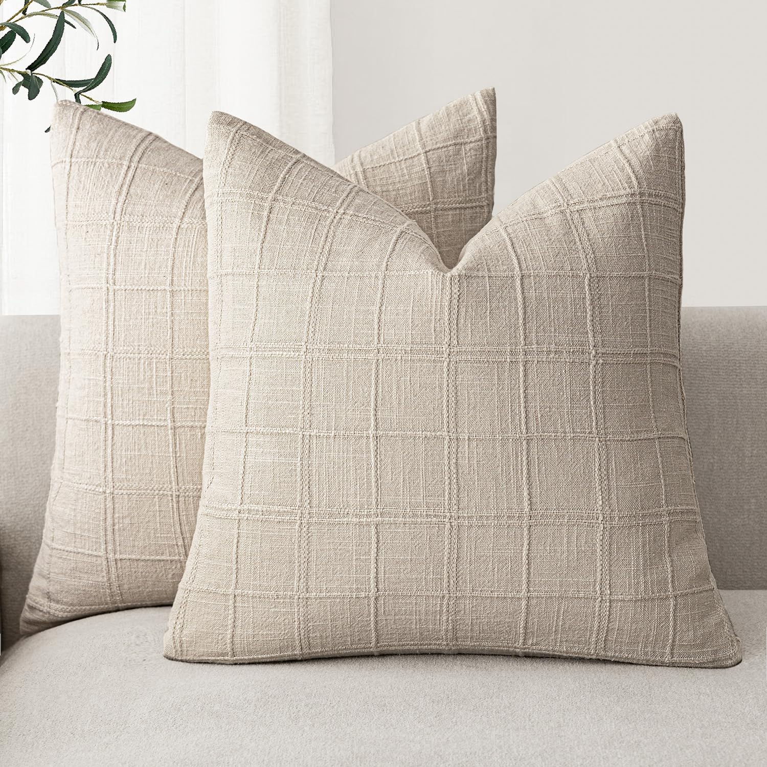 Photo 1 of *COVERS ONLY* Foindtower Set of 2 Decorative Linen Check Throw Pillow Covers Neutral Farmhouse Vintage Cushion Covers Modern Boho Home Decor For Sofa Chair Couch Bedroom Living Room Outdoor,22×22 Inch,Natural Linen