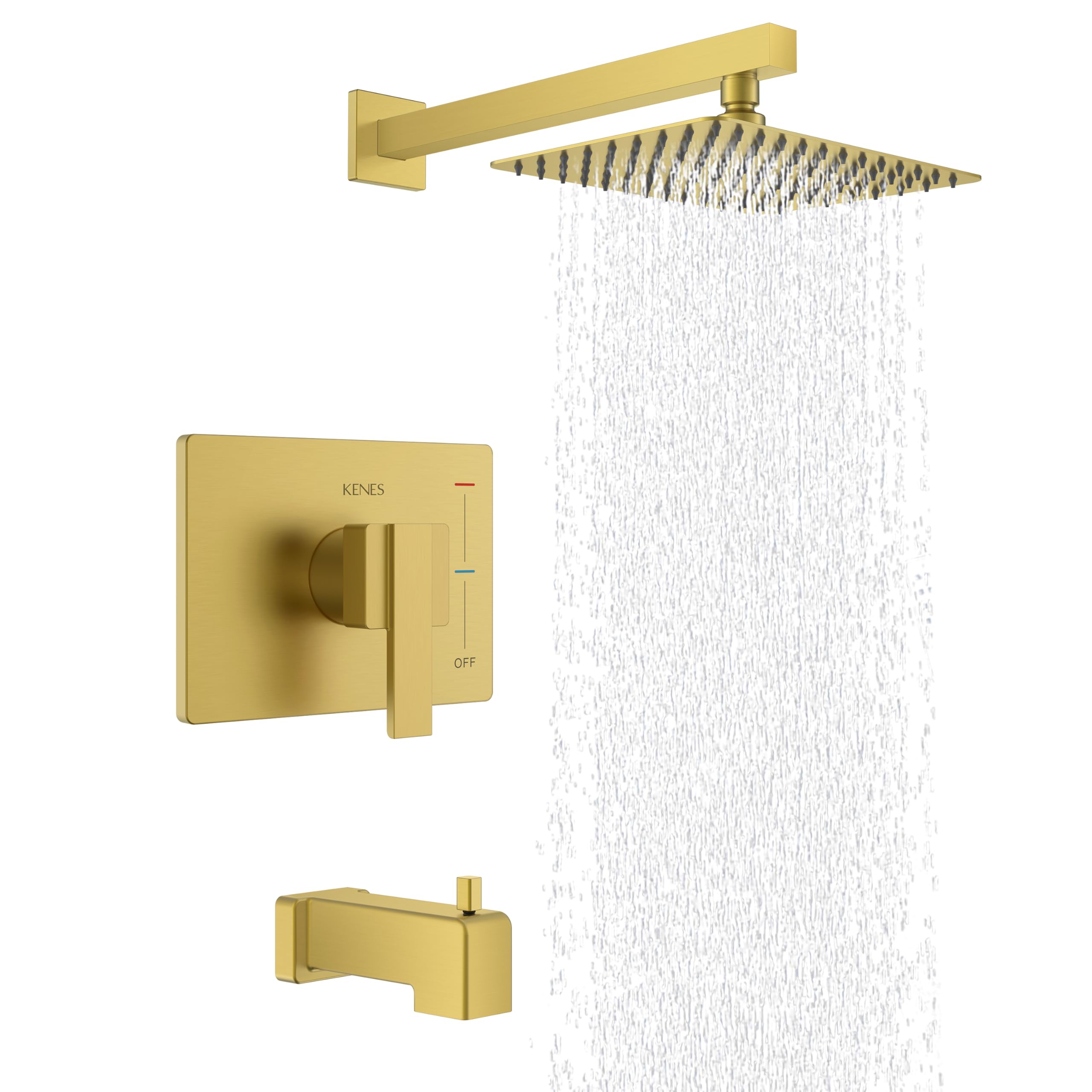Photo 1 of KENES Brushed Gold Tub and Shower Trim Kit, Modern Shower Faucet Set with Single-Spray Gold Shower Head, Square Shower Faucet, KE-6024A-4 (Shower Valve Included)