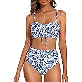 Herseas Women's Floral Print Bikini Sets Lace Up Front 2 Piece High Wasited Swimsuits Ruched Ruffle Trim Bathing Suit