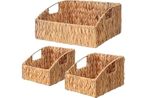 Ollieroo Natural Water Hyacinth Storage Baskets, Handwoven Wicker Storage Bins with Built-in Handles, Storage Container Baskets for Shelves, Bedroom, Bathroom, Laundry Room or Kitchen(Set of 3)