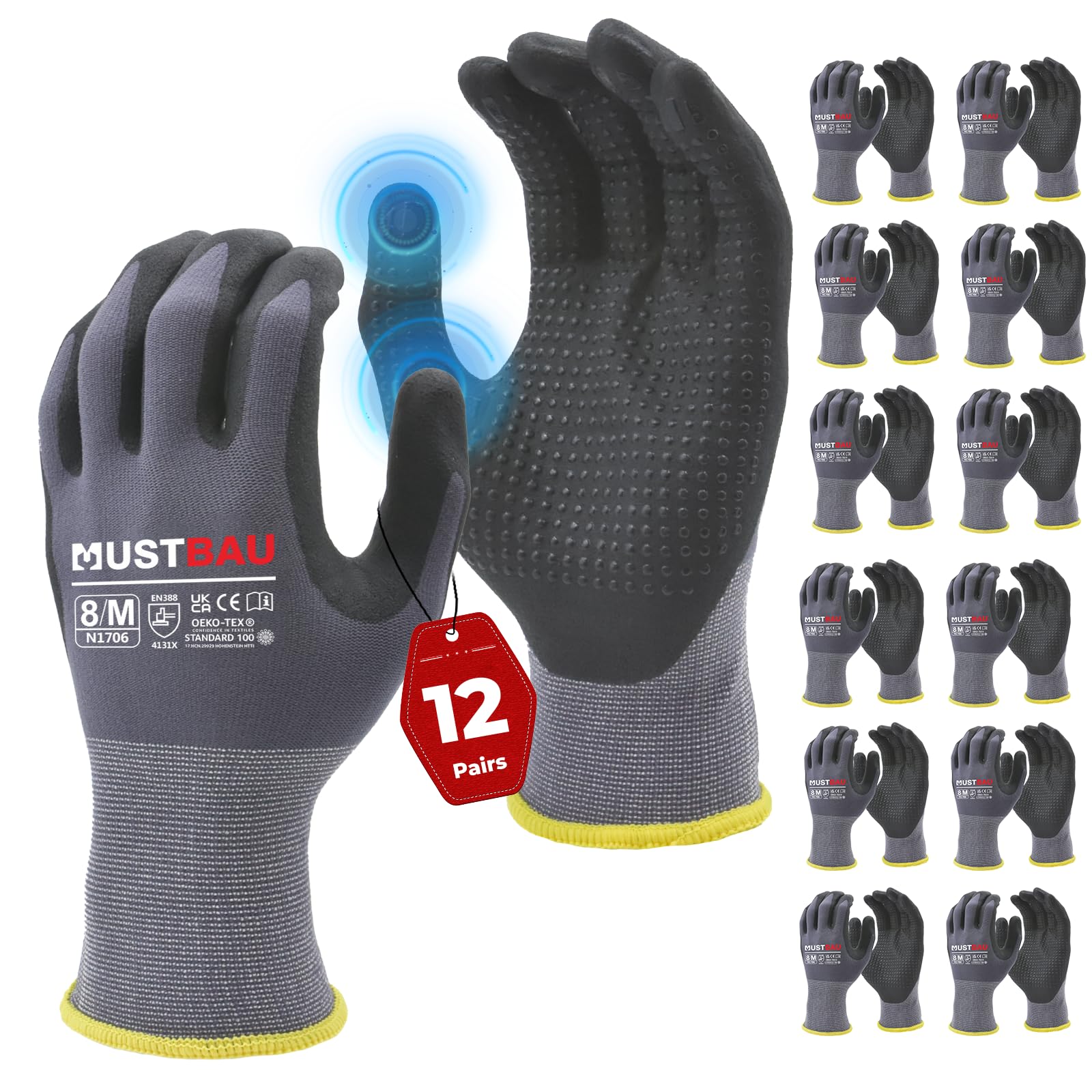Mustbau 12 Pairs Safety Work Gloves Breathable Nitrile Coated Gloves,Knit Nylon Protective Gloves,Abrasion,Dexterity, Touch Screen, for Most Kinds of Jobs-M