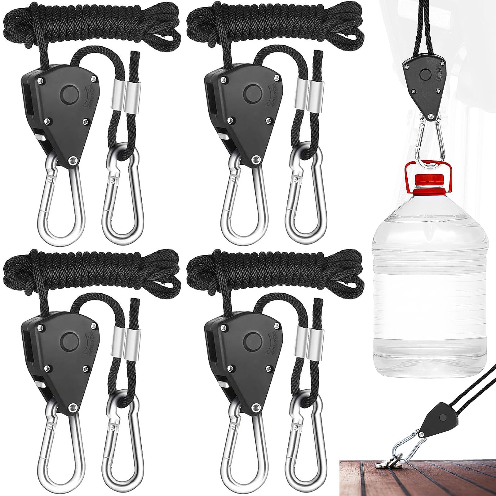Begpoee Pack of 4 Ratchet Rope Pulley, Adjustable Rope Ratchet, Rope Hanger, Adjustable Rope Hanger, Ratchet Rope 2 m, 1/8 Inch Rope Hanger, for Plant Fan, Light, Indoor Plants
