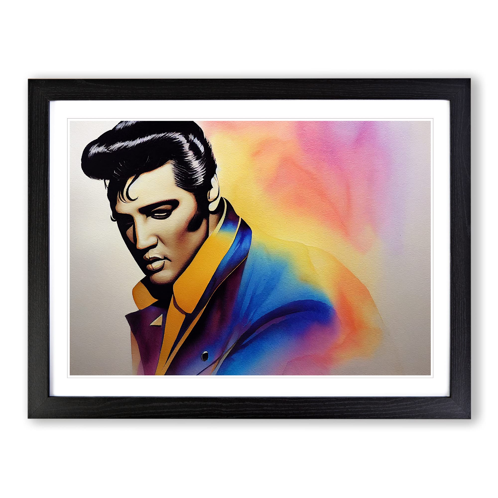 Watercolour Elvis Presley WHT Framed Print | A3 Black Framed Wall Art | Ready to Hang | Modern Music Picture | Living Room Bedroom Lounge Office