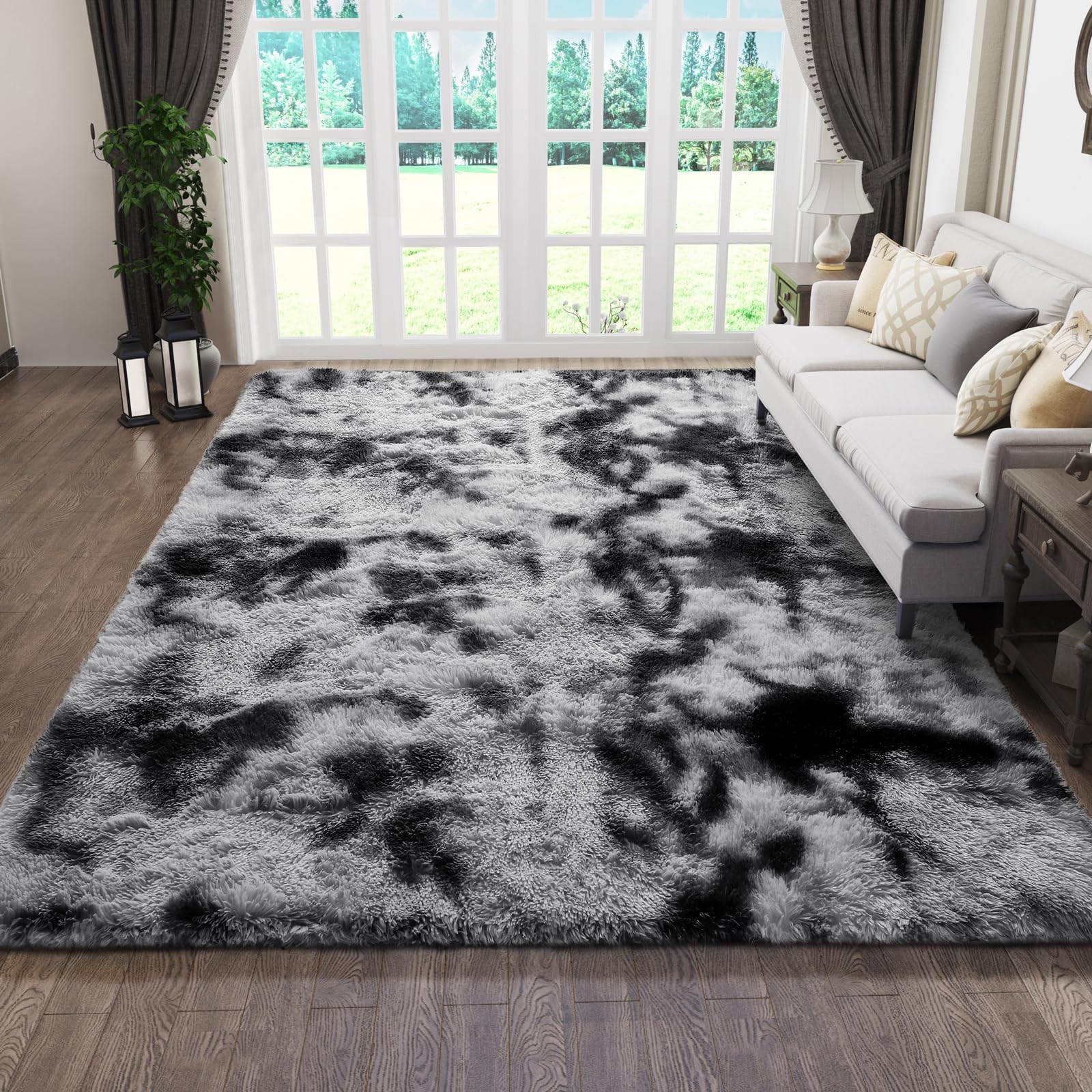 Ophanie Tie-Dyed Black&Grey Area Rugs for Bedroom Living Room, Fluffy Shag Fuzzy Carpet, Plush Shaggy Rug, 4x6 Indoor Carpet for Kids Boys Dorm Home Decor Aesthetic, Nursery