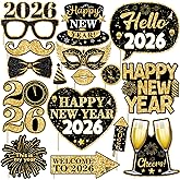 2026 Happy New Years Decorations Photo Booth Props New Years Eve Party Supplies 2026 Black and Gold Photo Props for Celebratory NYE, Cheers to The New Year