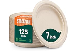 Paper Plates, 100% Compostable Heavy Duty, Disposable 7 Inch, Small Dessert Plate - [125-Pack] - (PFAS-Free) - (BPI Certified