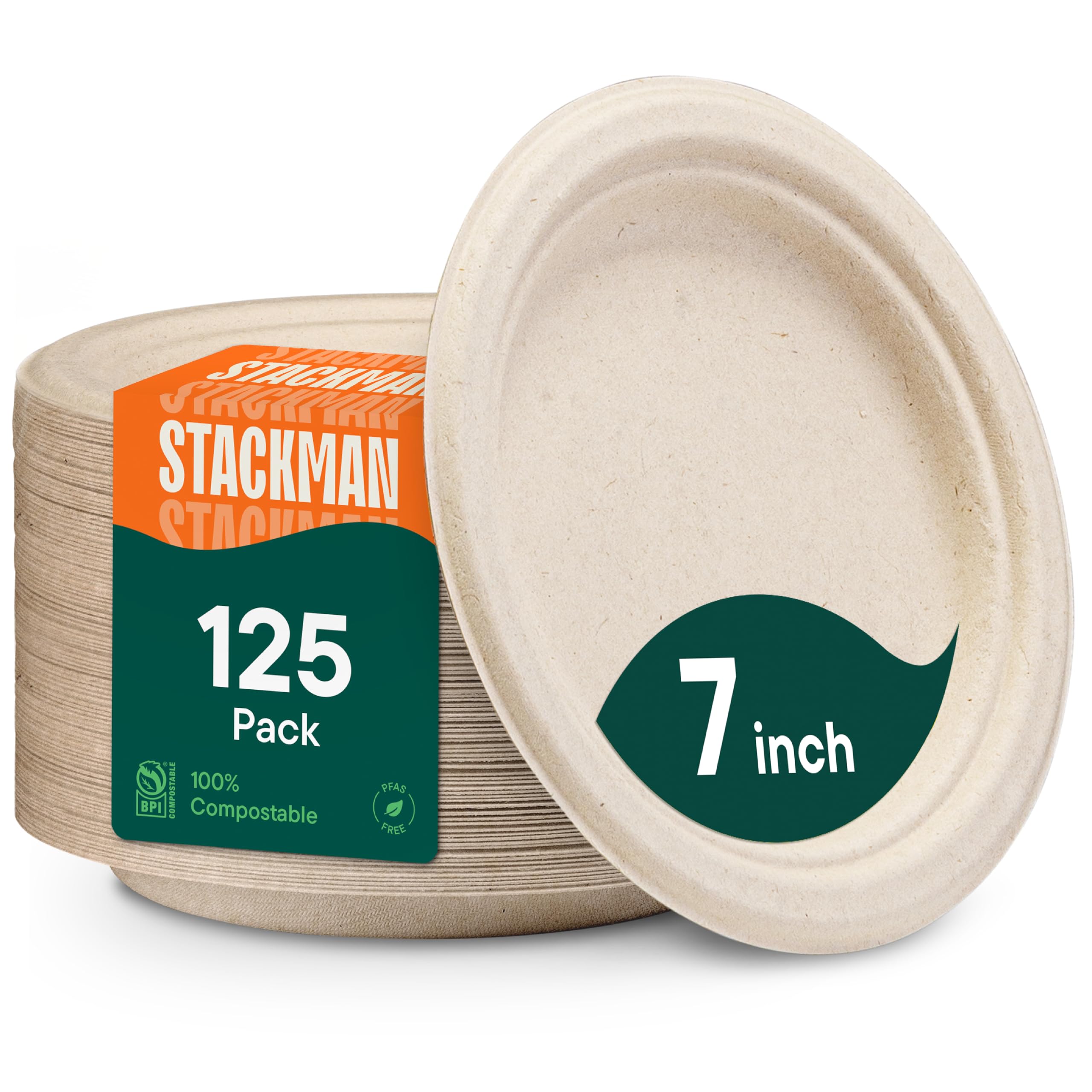 Paper Plates, 100% Compostable Heavy Duty, Disposable 7 Inch, Small Dessert Plate - [125-Pack] - {PFAS-Free} - {BPI Certified} Eco-Friendly, Biodegradable Bagasse Natural Brown 7