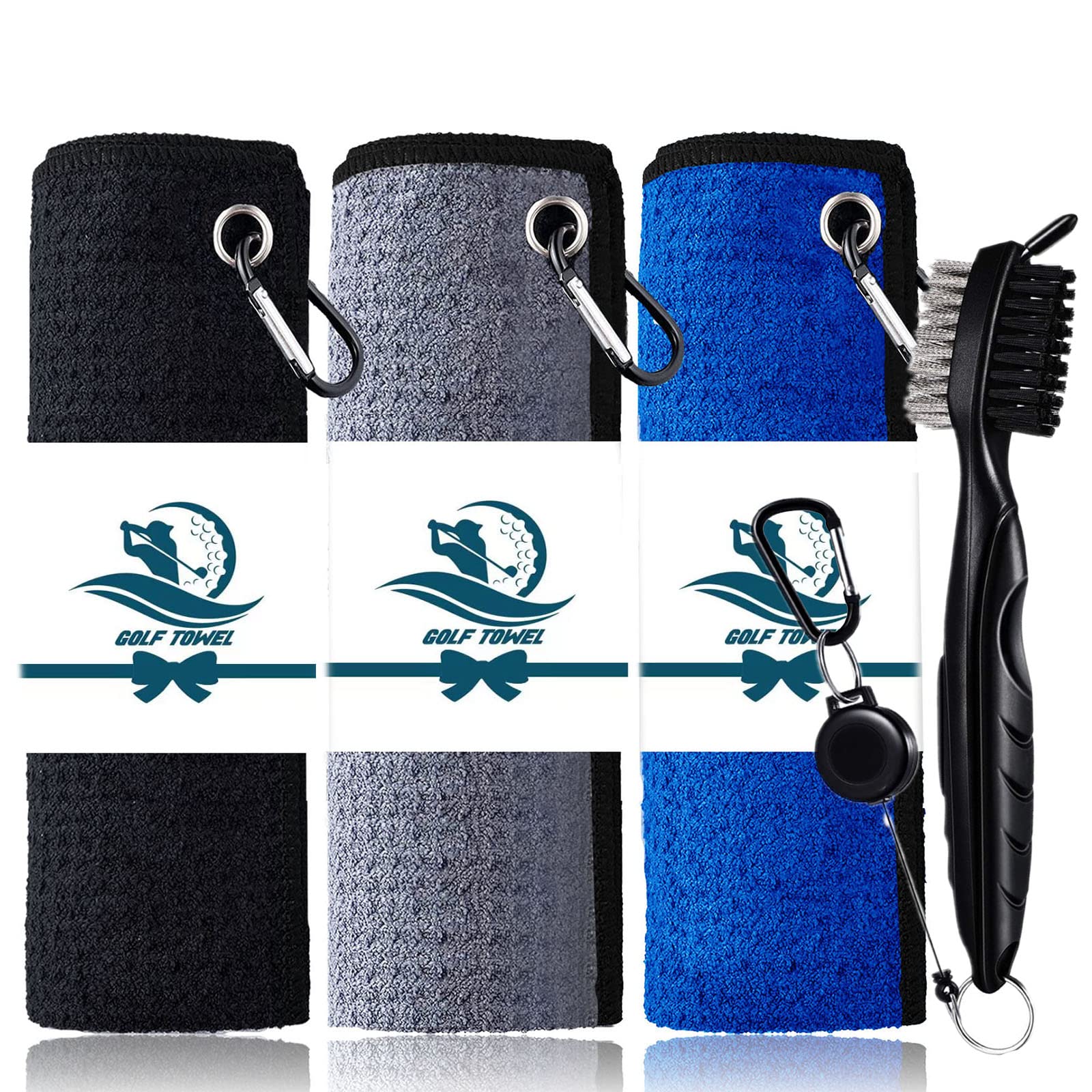 FINGER TEN Golf Towels 3 Pack Microfiber Fabric Waffle PatternTri-Fold 16“x16”with Golf Club Brush Tool Value Set, Golf Cleaning Towel Superior Water Absorption and Quick Dry (Blue&Grey&Black)