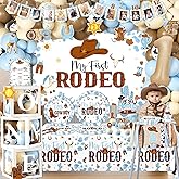 My First Rodeo Decorations Boy-239Pcs Cowboy Blue and Brown Balloon Arch Garland Kit with Tableware,Backdrop,Balloon Boxes for Boy 1st Birthday Party Supplies