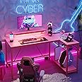 Bestier 52" Gaming Desk with Integrated Power Outlet & USB Ports, L-Shaped Computer Desk with LED Strip & Headphone Hooks, Perfect for Home Office Pink