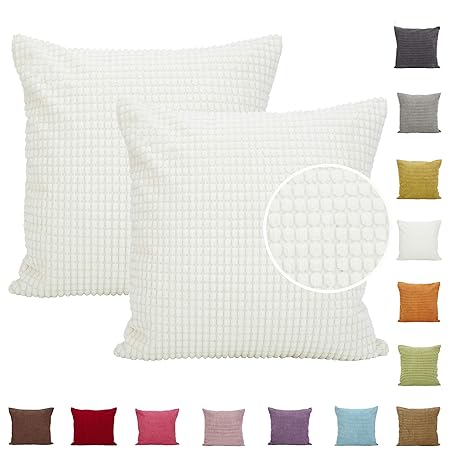 Comoco 2pcs Einfarbig Big Corn Striped dicken Cord Dekorative Kissenbezug für Sofa in 15 Farben und 7 Größen (55x55cm, Off Wh