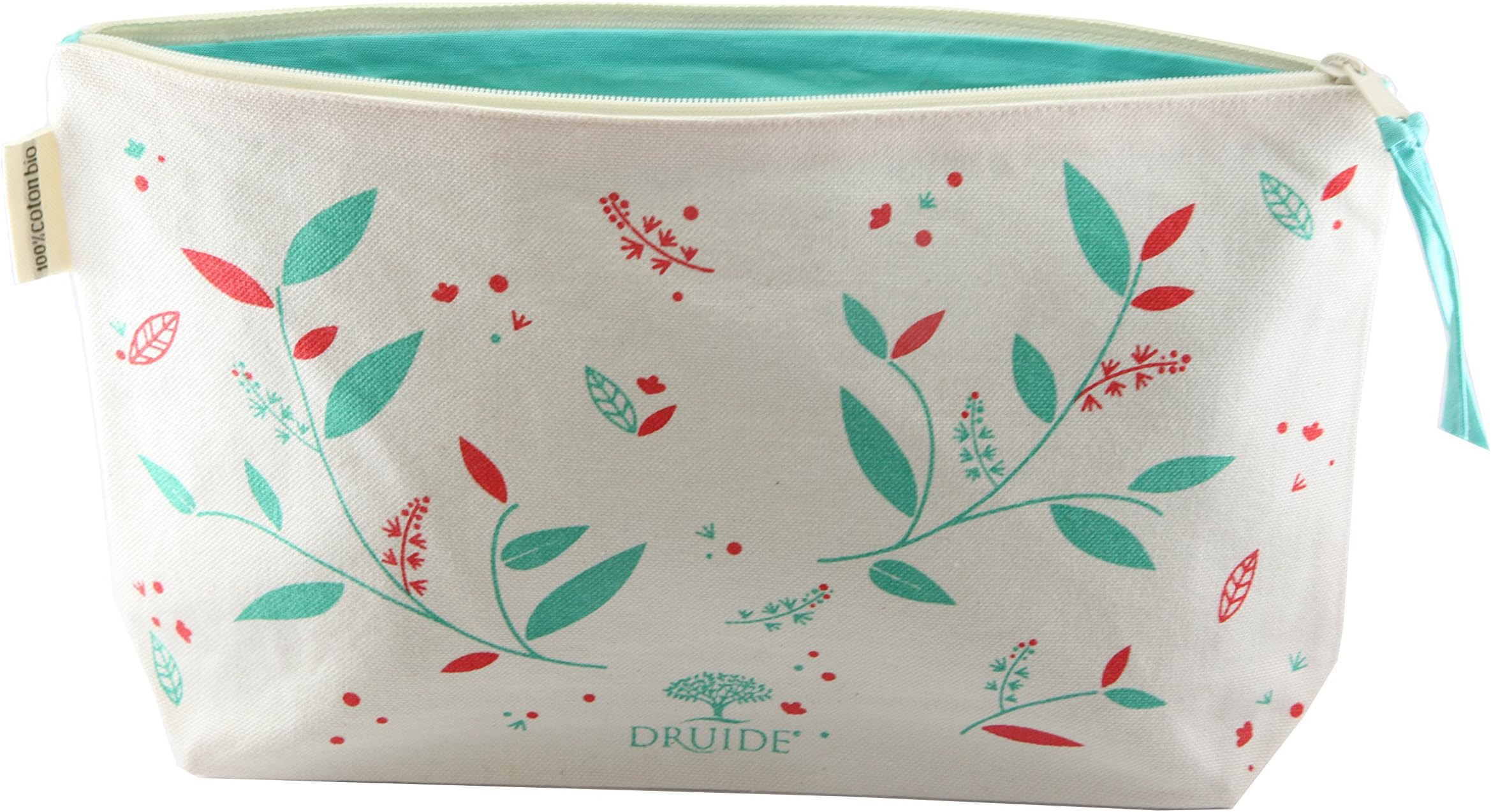 Toiletry Bag in Organic Cotton by Druide, Tea Tree Pattern, Cute Makeup Organizer or Cosmetics Pouch for Travel or Bathroom Storage, Quality and Eco-Friendly Wash Bag, Limited Edition French Designer.