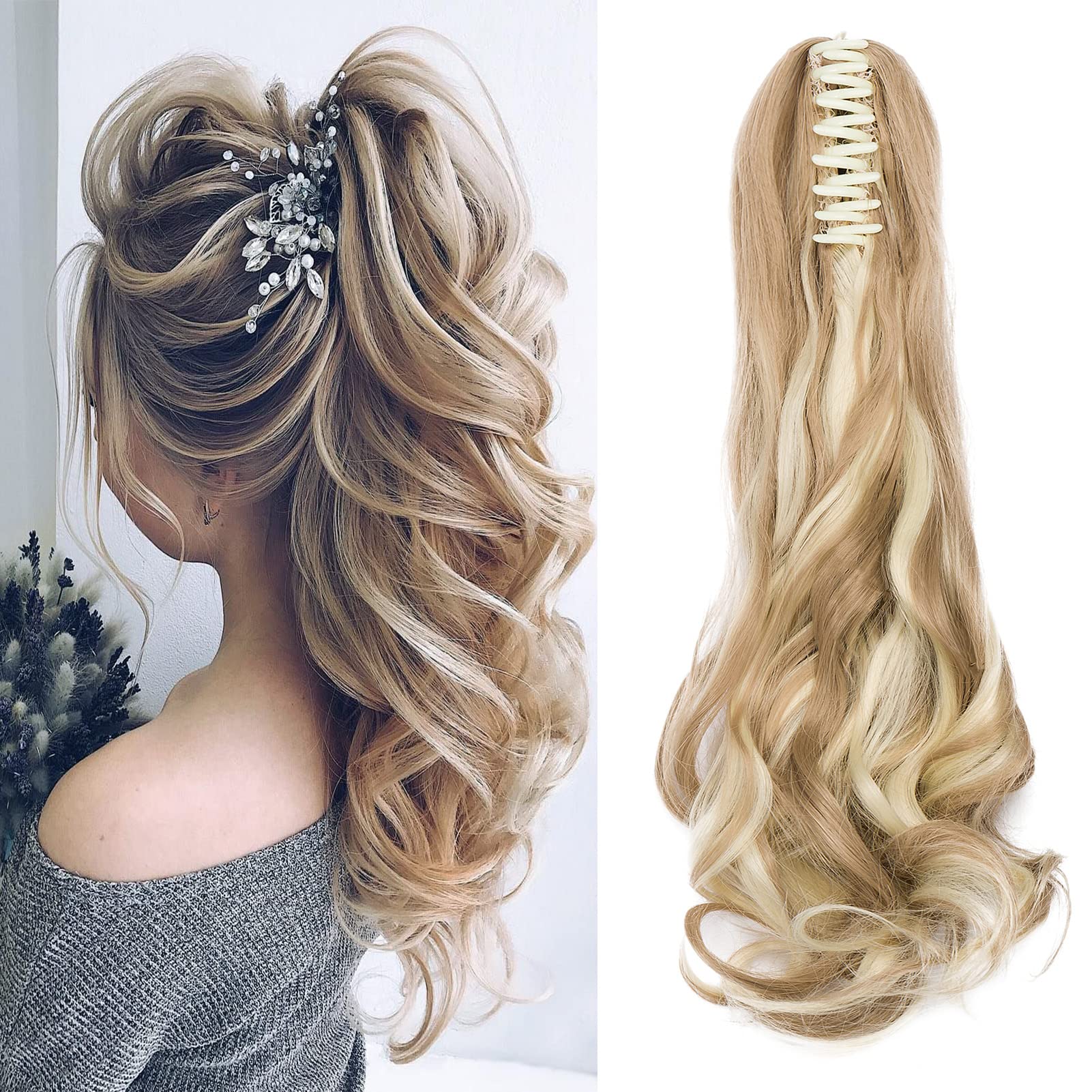 Cybelleza 18 inch Ponytail Extension Clip in Ponytail Hair Extensions Claw on Pony Tail Curly Jaw One Piece Synthetic Hair Wavy Hairpiece Long Natural for Women (Sandy Blonde & Bleach Blonde)