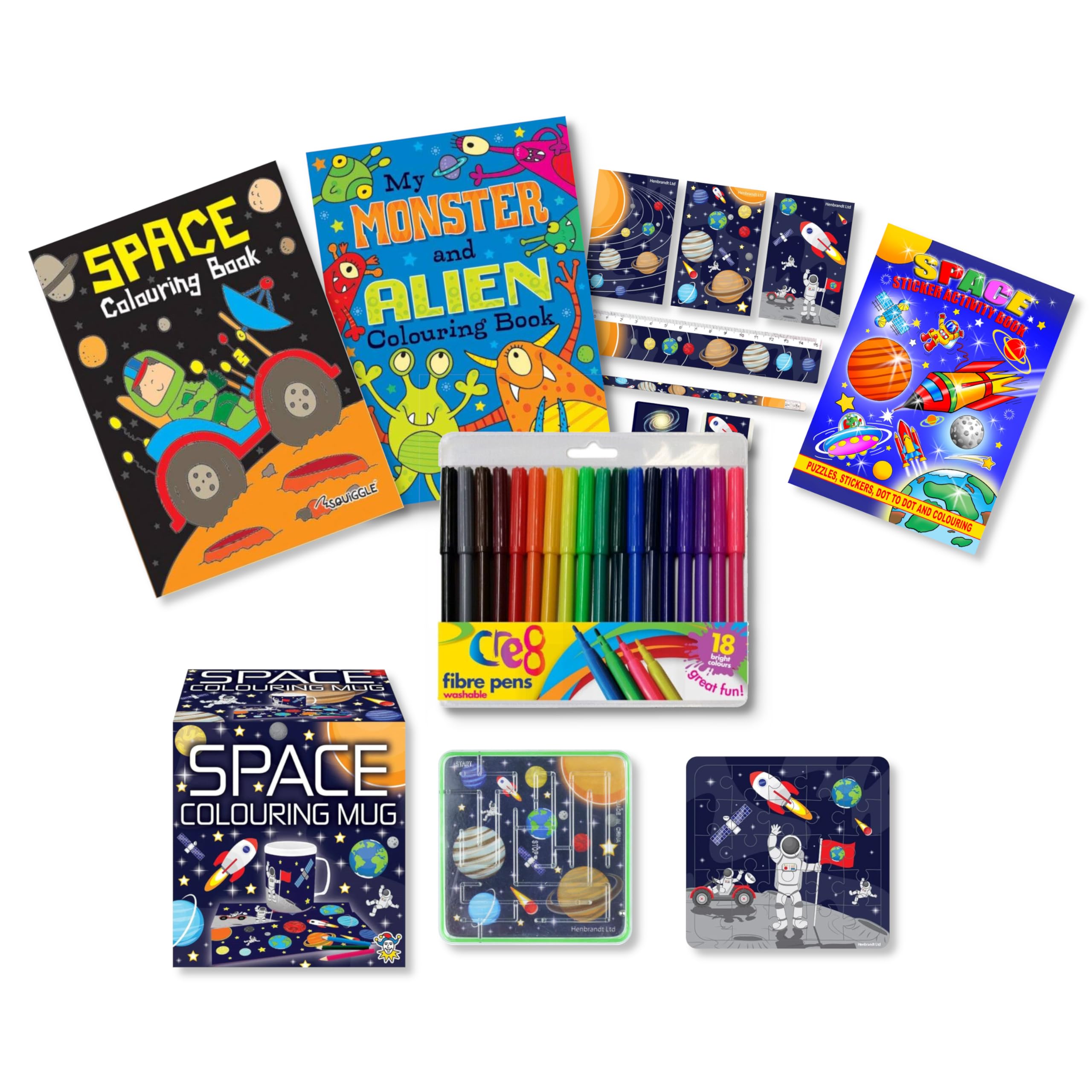 Anila's Mega Activity Set with Colouring, Sticker & Activity Books, Puzzles, Colouring Mug, Stationery & Felt Tip Pens Themes: Space Princess Unicorn Pirates Dinosaur (Perfect for Ages 3-8) (Space)