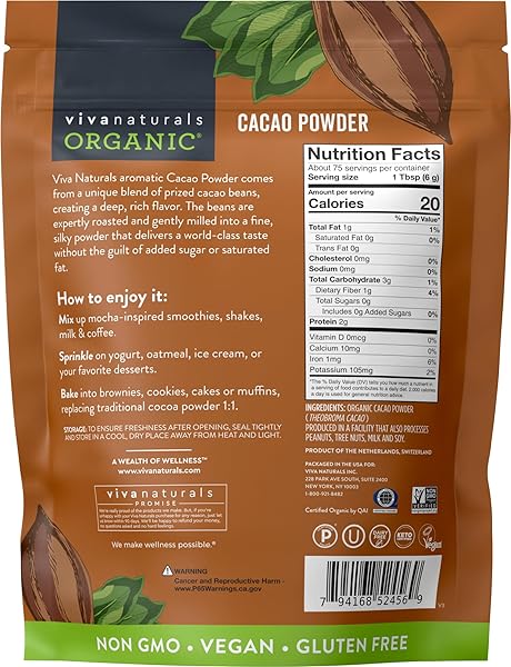 VIVA NATURALS ORGANIC CACAO POWDER, 1LB – UNSWEETENED CACAO POWDER WITH RICH DARK CHOCOLATE FLAVOR, PERFECT FOR BAKING & SMOOTHIES, NON-GMO, CERTIFIED VEGAN & GLUTEN-FREE, 454 G