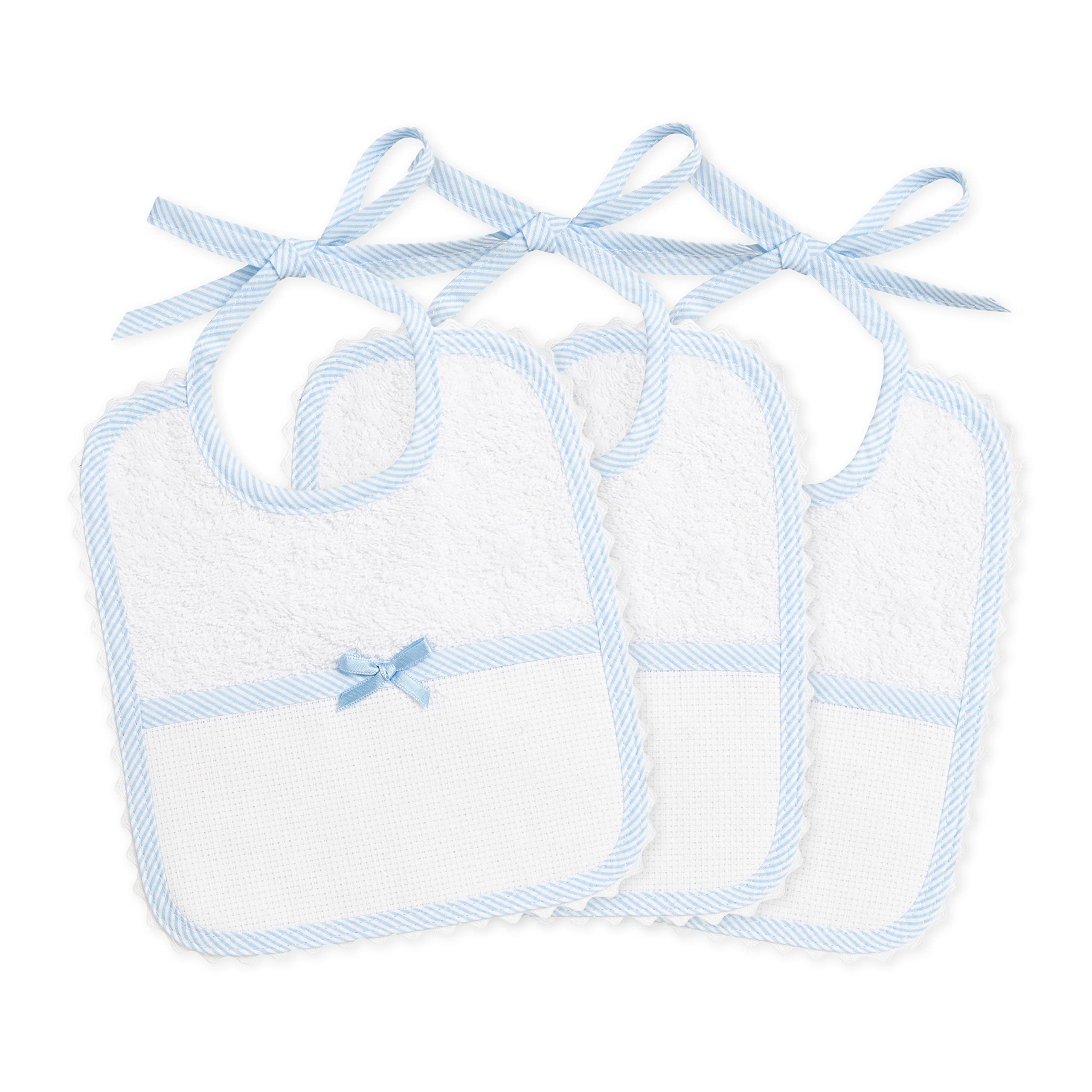 FILET - Set of 3 Baby Bibs in White Cotton Towelling with Aida Pocket to Embroider, Protects Baby Clothes Against Feeding, Spitting Up and Salivation, 100% Made in Italy, White and Sky colour