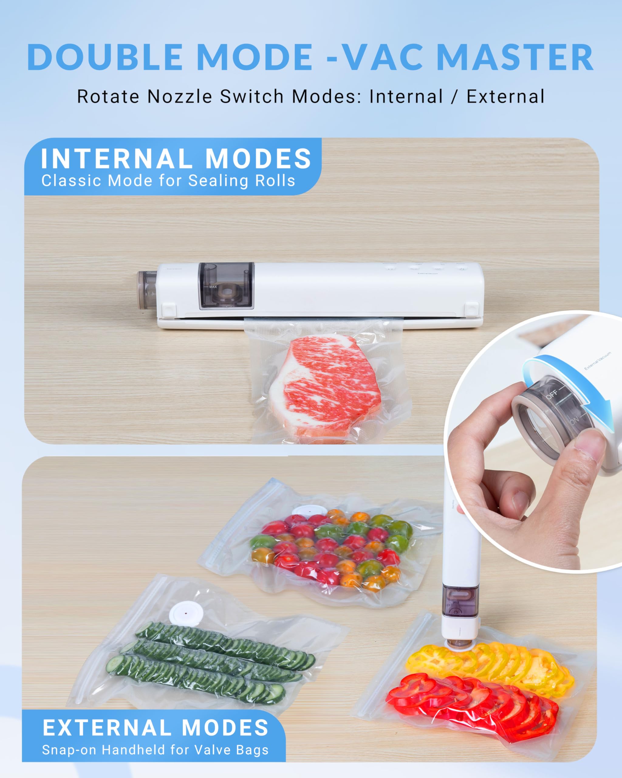 ZOES HOMEWARE 2025 Cordless 2-in-1 Vacuum Sealer Machine for Food, 60kPa Compact Dual Suction Port Food Sealer with Visiable Water Tank, Handheld Saver Sealer with 20 Reusable Bags& 1 Vacuum Roll Bags