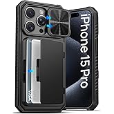 ATATOO for iPhone 15 Pro Case Wallet, Built-in Card Holder(Store 4-5 Cards) & Slide Camera Cover & Kickstand, Military Grade Protection, Rugged Silicone Case for 15 Pro 6.1" 2024, Black
