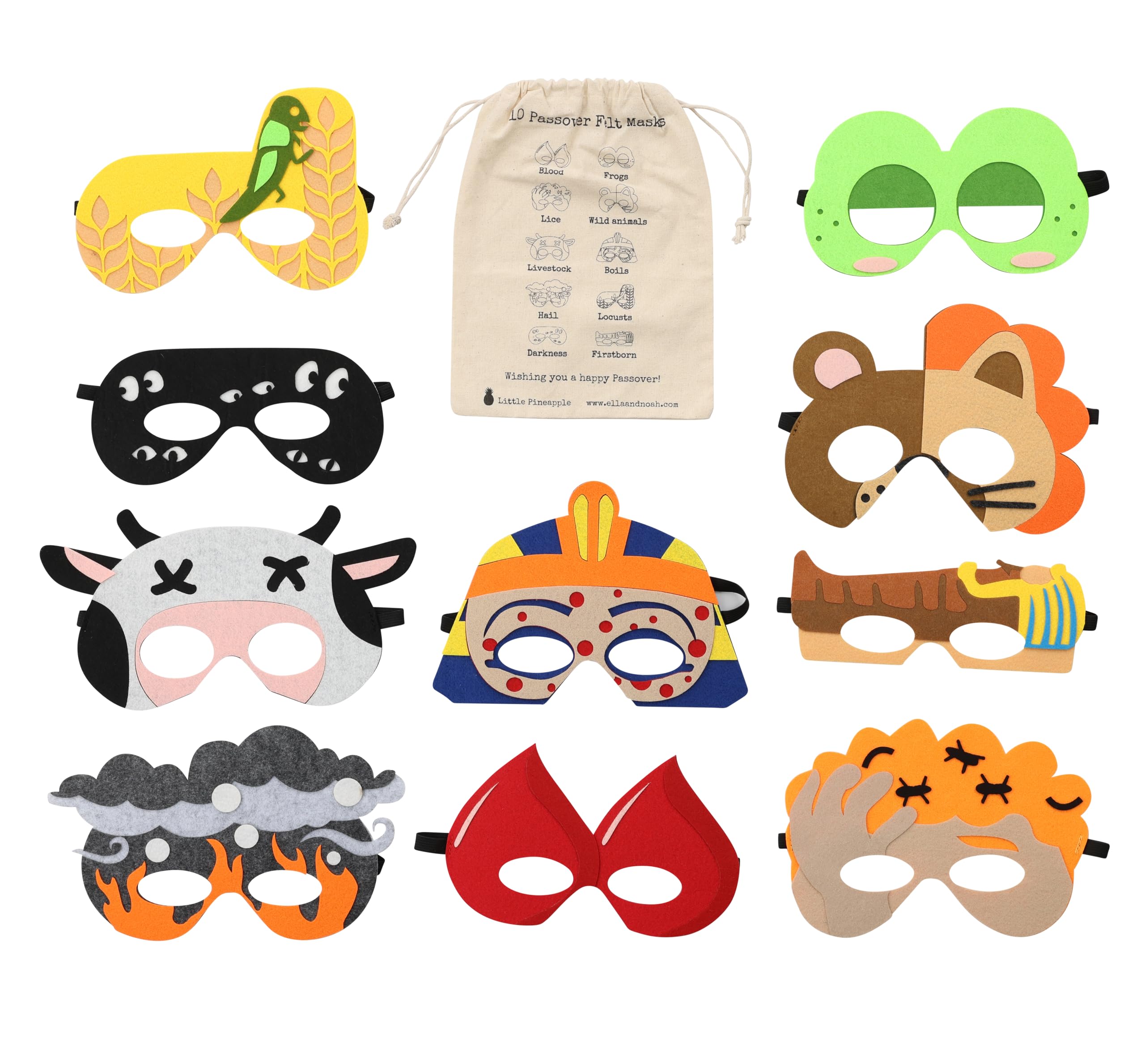 Little Pineapple Passover 10 Felt Plague Masks in a Decorative Fabric Storage Pouch for Pesach Seder