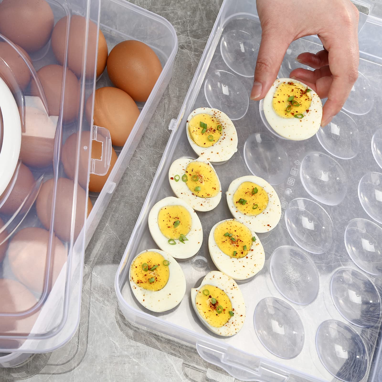 HANSGO 2-Layer Portable Deviled Egg Carrier with Stackable Trays - Dispenser Container with Handle for 48 Eggs