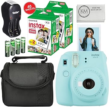 Amazon Com K M Fuji Instax Mini 9 Camera Ice Blue Carry Case Rechargeable Aa Batteries Charger Instax Mini Film 40 Sheets Automotive