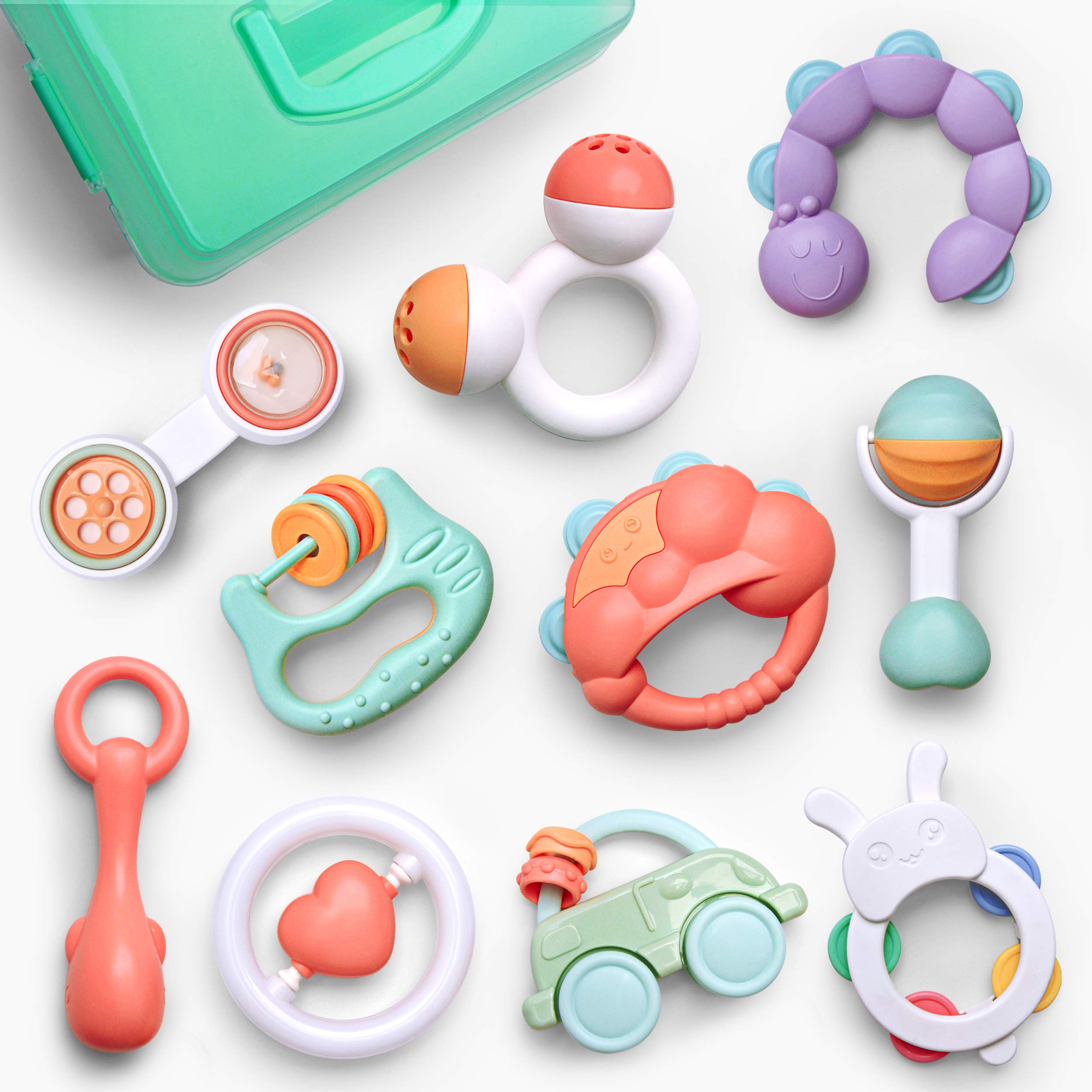 Gizmovine 10pcs Baby Toys Rattles Set, Infant Grasping Grab Toys, Spin Shaking Bell Musical Toy Set Early Educational Toys with Storage Box for Toddler Newborn Baby 3, 6, 9, 12 Month