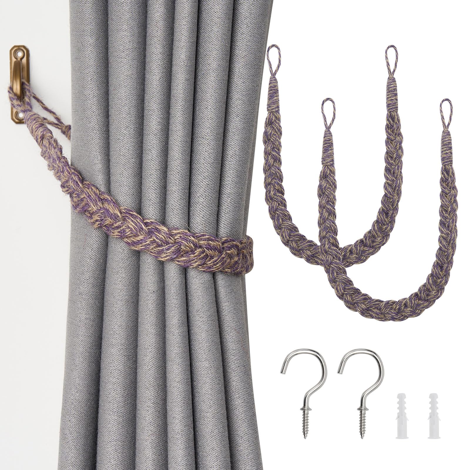 Pretty Jolly 2 Pack Natural Jute Rope Curtain Tiebacks Boho Rustic Style Decorative Drape Tie Backs Elegant Hand-Woven Rope Curtain Holdbacks with Metal Hook for Home & Office Drapery (Jute-Purple)