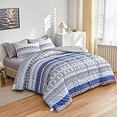 Flysheep Bohemian Striped Bed in a Bag 7 Pieces King Size, Boho Blue Grey Geometric Pattern Reversible Bed Comforter Set (1 Comforter, 1 Flat Sheet, 1 Fitted Sheet, 2 Pillow Shams, 2 Pillowcases)