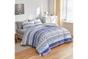 Flysheep Bohemian Striped Bed in a Bag 7 Pieces King Size, Boho Blue Grey Geometric Pattern Reversible Bed Comforter Set (1 C